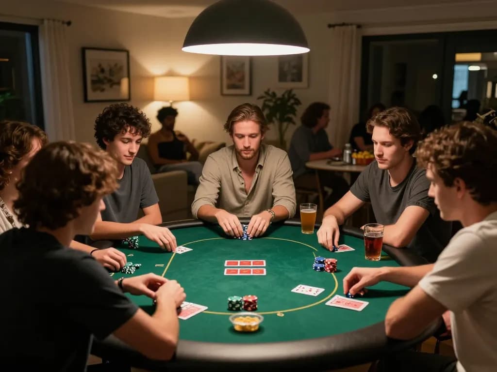 Engaged players at home poker game using go8 site for strategy, chips and cards on table.