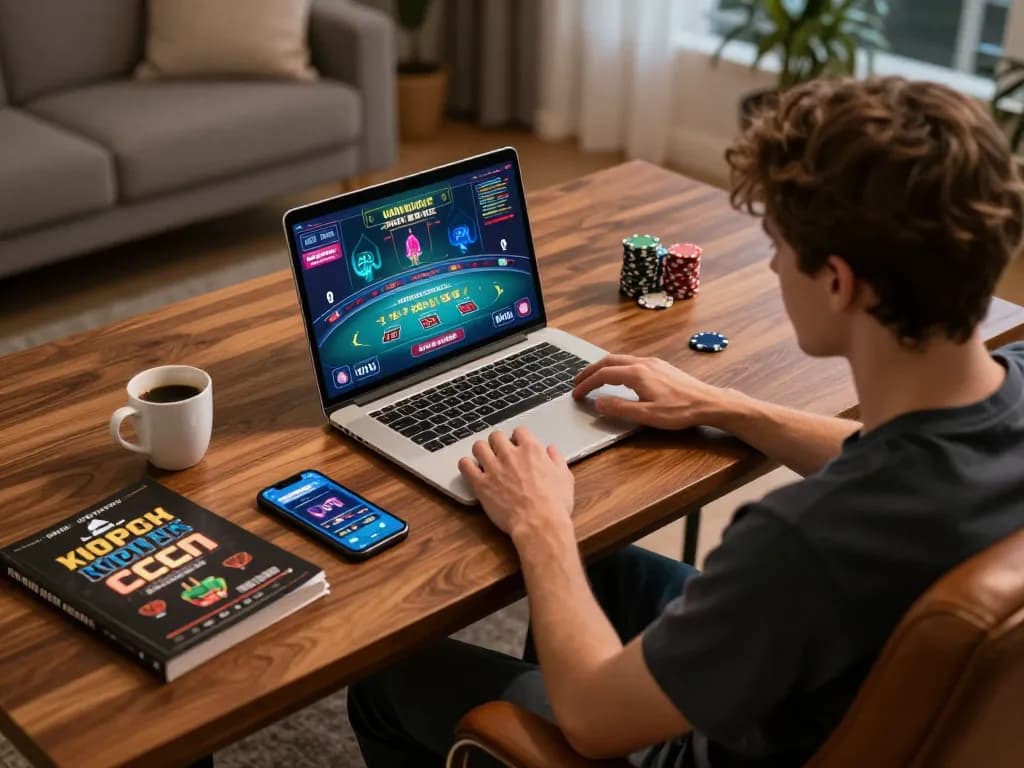Engaging in a thrilling dn88 online casino game at home, showcasing live dealer interaction and personalized gaming setup.