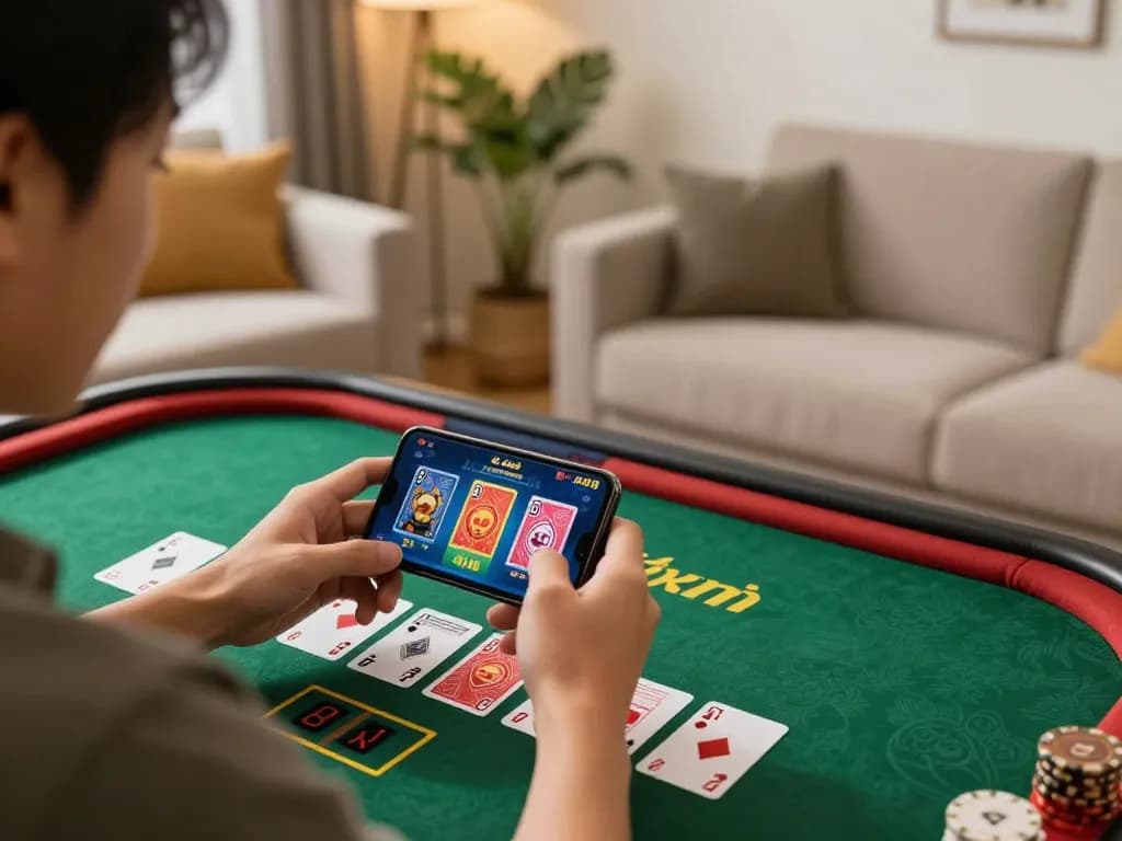 Cá cược Xo88 with player engaged in online gaming using smartphone and live dealer interface