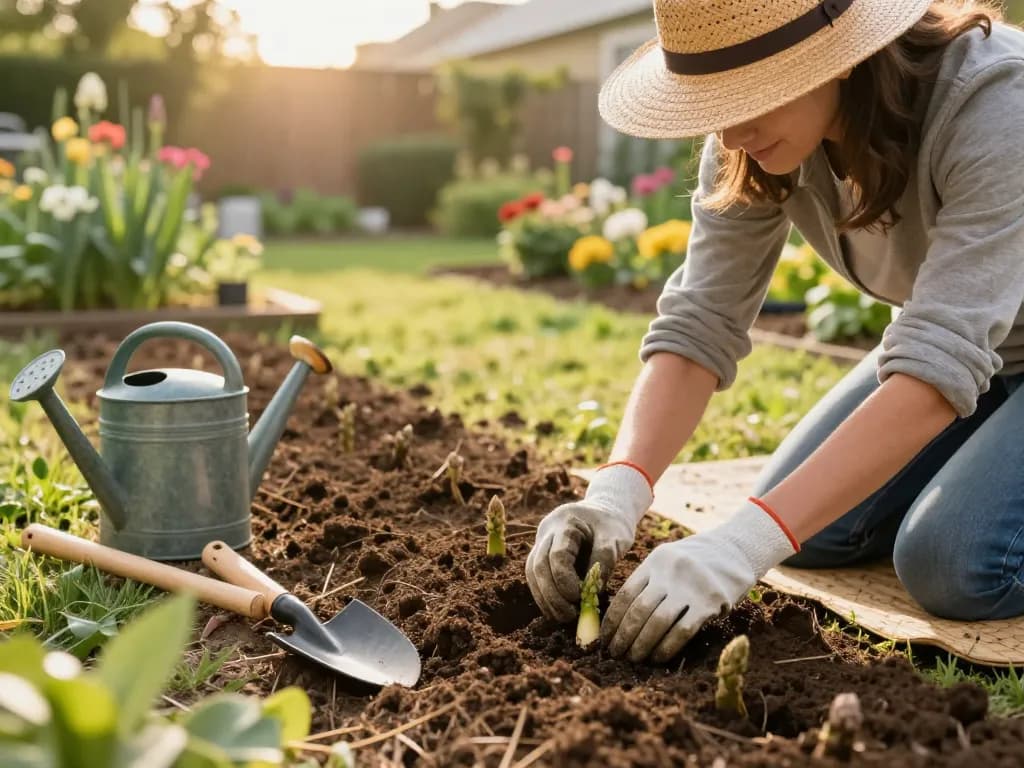 Gardener planting asparagus seedlings in vibrant home garden, showcasing sustainable gardening practices with fresh soil and tools.