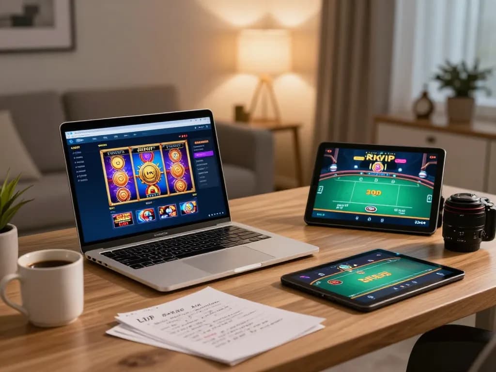 Engaging player using RIKVIP on a laptop for online slot games in a cozy home setting.