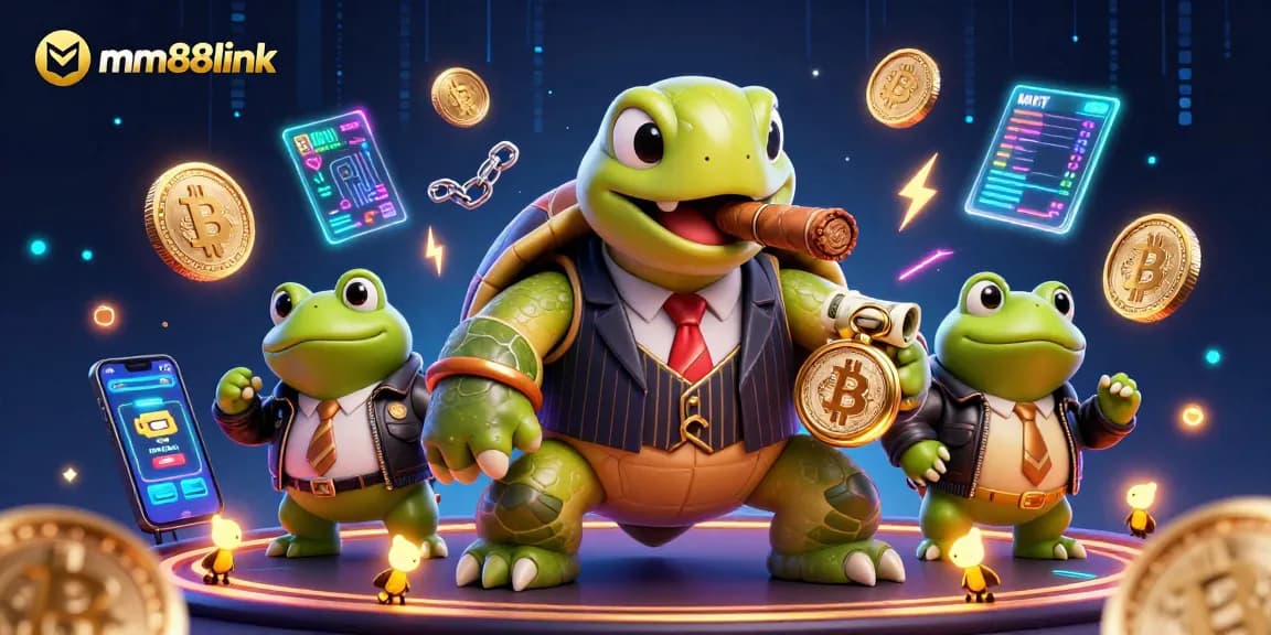 Experience the excitement of mm88link casino with lively turtle and bullfrogs in neon-lit illustration.