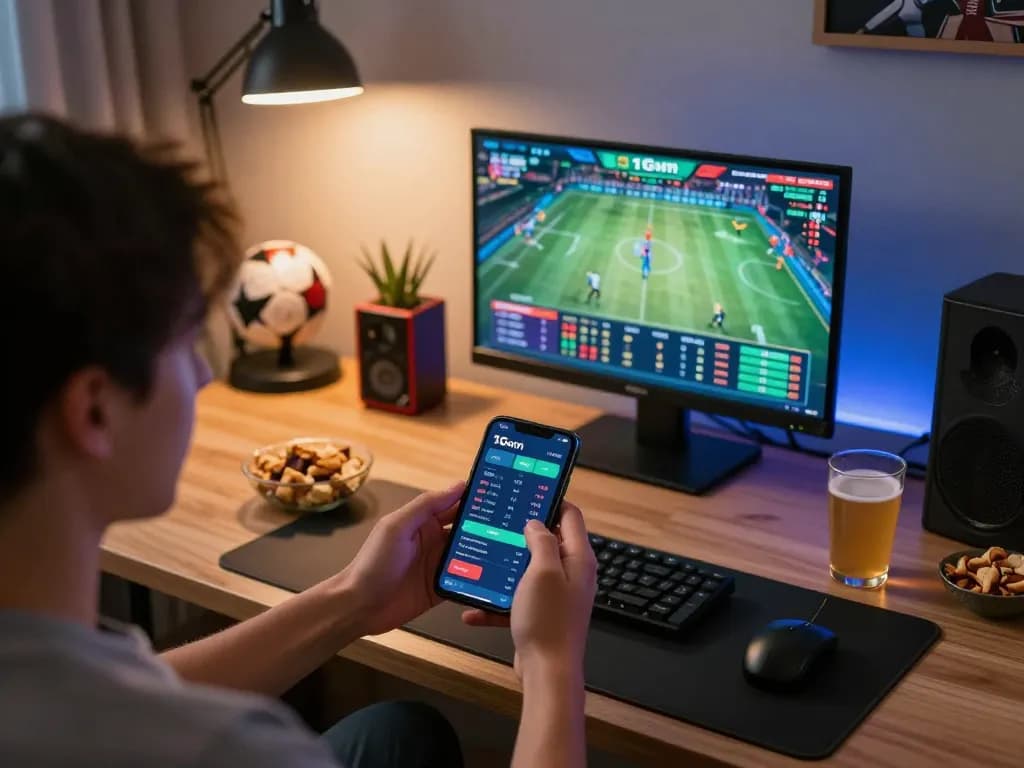 Gambler engaged in live sports betting on 1Gom app showing dynamic odds.
