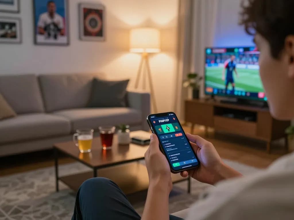 PHPVIP user actively engaging with sports betting on a smartphone at home, showcasing a cozy and responsible gambling atmosphere