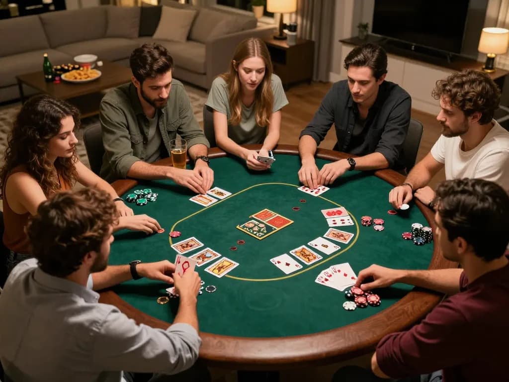 Friends enjoying a competitive poker night, showcasing active gameplay at home with sc88 strategies.
