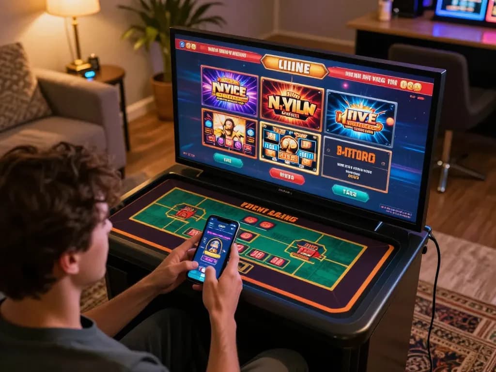 ku bet player engaging with live dealer games on smartphone in cozy home setting