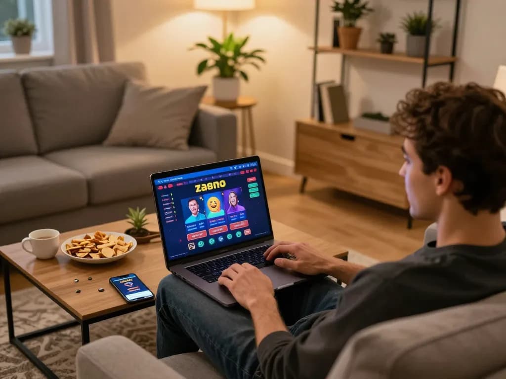Zbet Casino player enjoying online games on a laptop in a cozy home environment with snacks and smartphone.