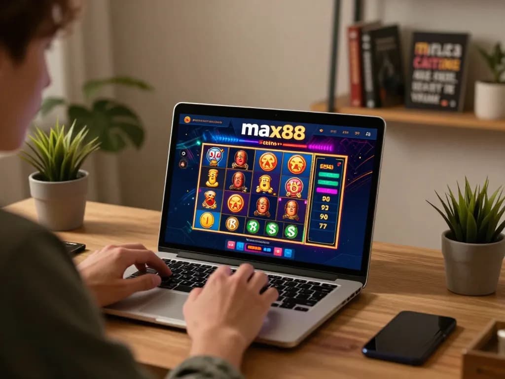 Person celebrating a win playing link max88 online slots in a cozy home office.