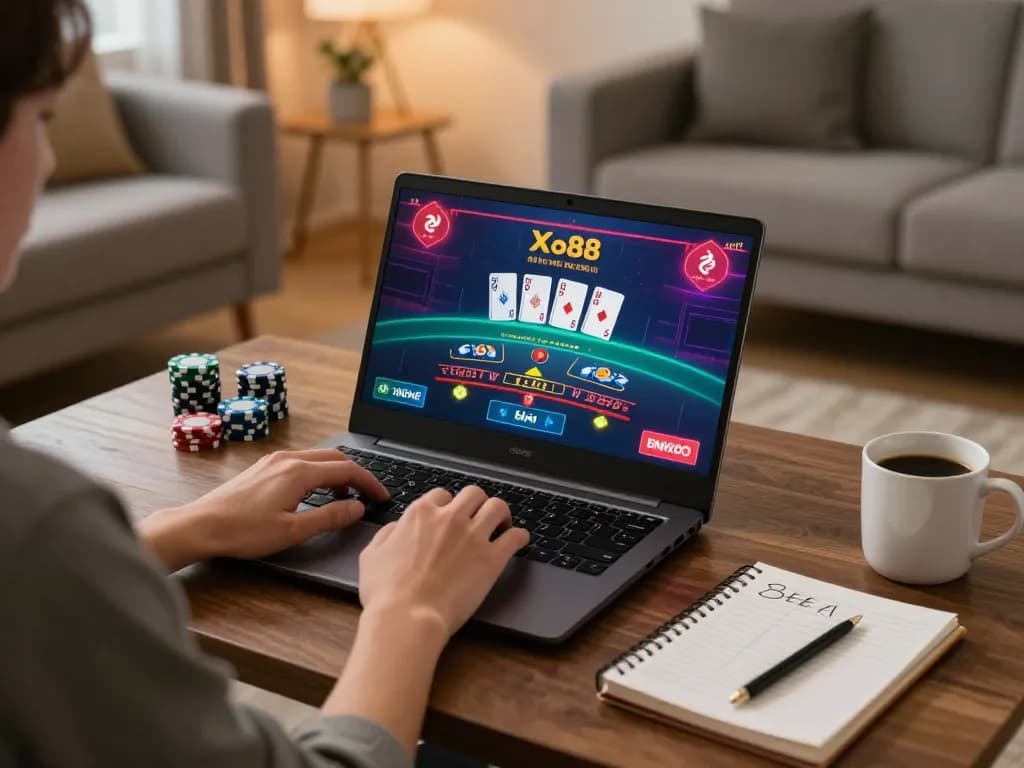 Xo88 player engaging in online blackjack at home, showcasing a cozy gaming setup and strategy notebook.