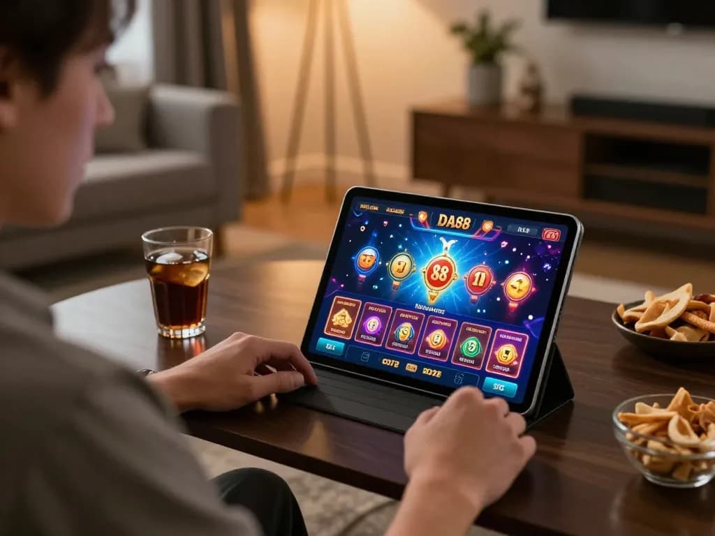 Player interacting with DA88 online casino interface on a tablet, showing engaging gameplay.