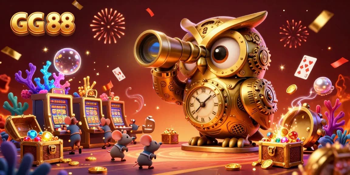 Experience thrilling gameplay at GG 88 with vibrant characters, energetic slot machines, and festive casino atmosphere.