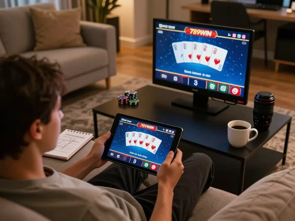 Enjoy online gambling at 789WIN with an engaging tablet interface showcasing poker action in a cozy setting