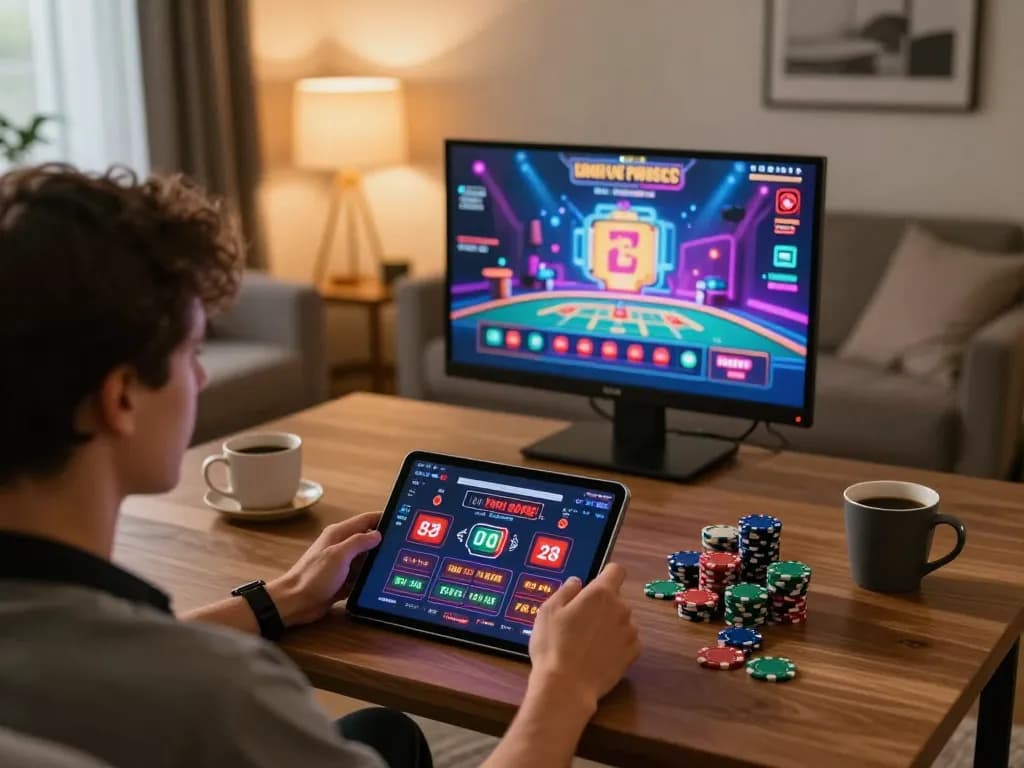 Person engaging in Red88 online casino games in a cozy home setting with vibrant graphics.
