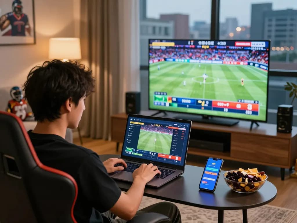 Topbet uy tín - Engaging online betting scene with live sports on screen and dynamic user interaction.