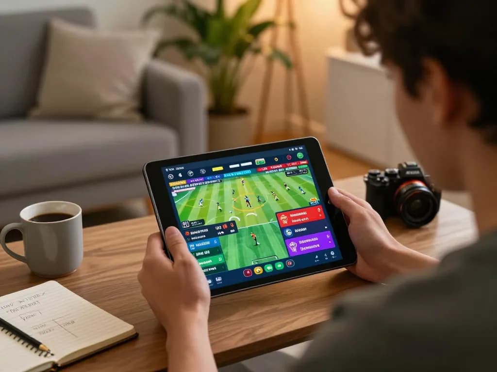 Engaging moment using keonhacai5 for sports betting with a tablet in a cozy setting