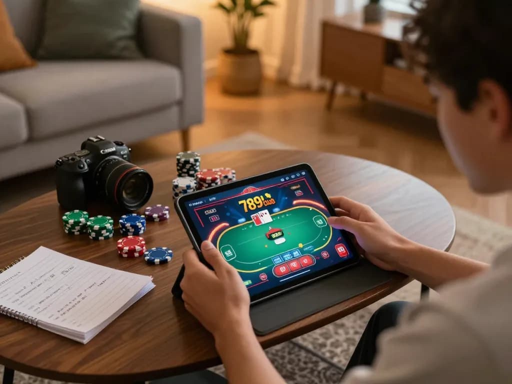 Online player engaged with 789club poker game on tablet, vibrant atmosphere highlighting home gaming.
