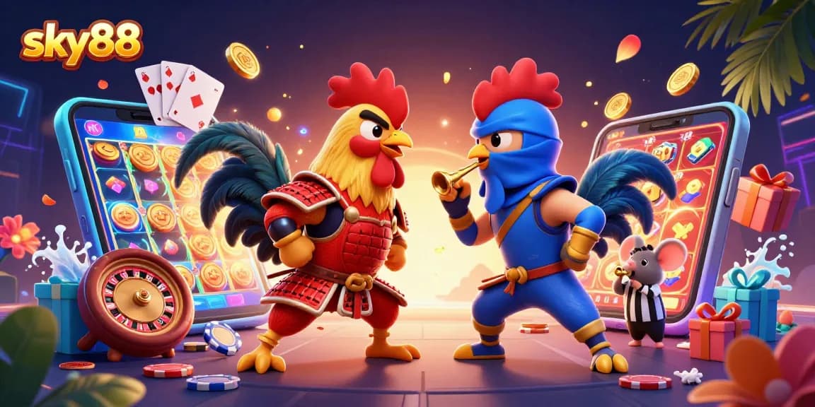 Engage in thrilling battles with sky88 as cartoon roosters clash in a vibrant casino setting.