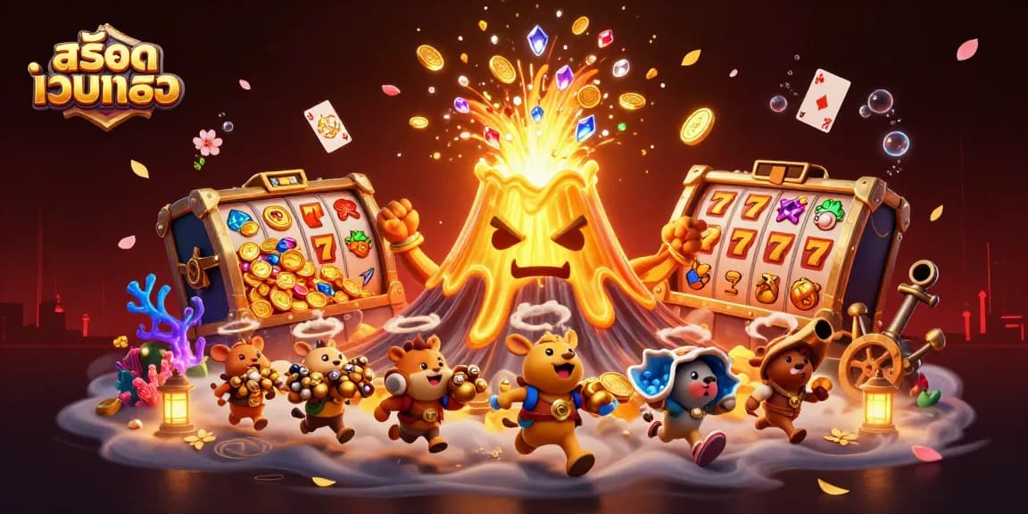 Engage with สล็อตเว็บตรง in this vibrant casino illustration showcasing treasure and slots.