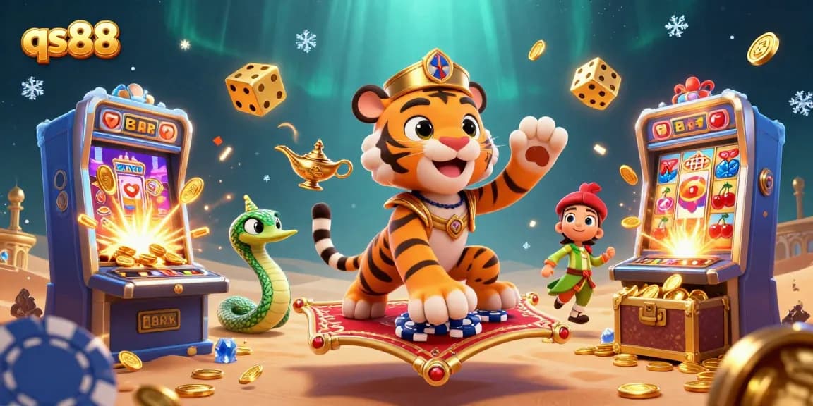 Experience thrilling gaming action with qs88 featuring a whimsical 3D casino scene of a sultan and genie.