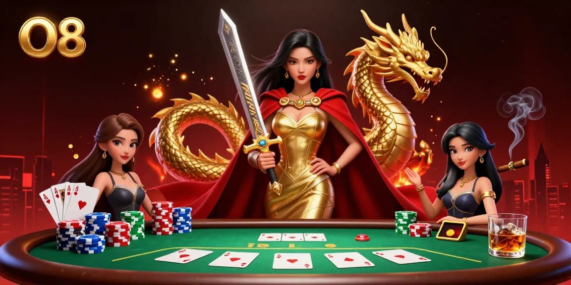 Engage with O8's dynamic poker scene featuring cards, chips, and a bold warrior queen.