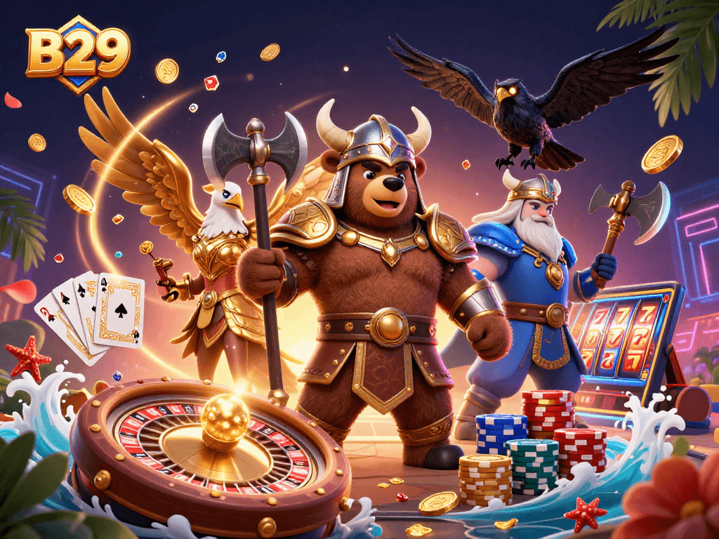 B29 players win big with thrilling casino action illustrated by Viking bear, Valkyrie eagle, and glowing coins.