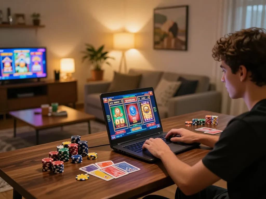 32win player engaging in slots on laptop with colorful interface and chips on table