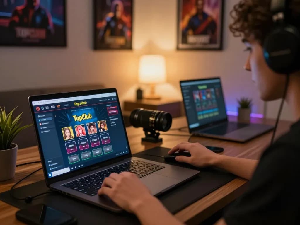 Engaging with Topclub online casino from a cozy home gaming setup featuring a laptop screen.