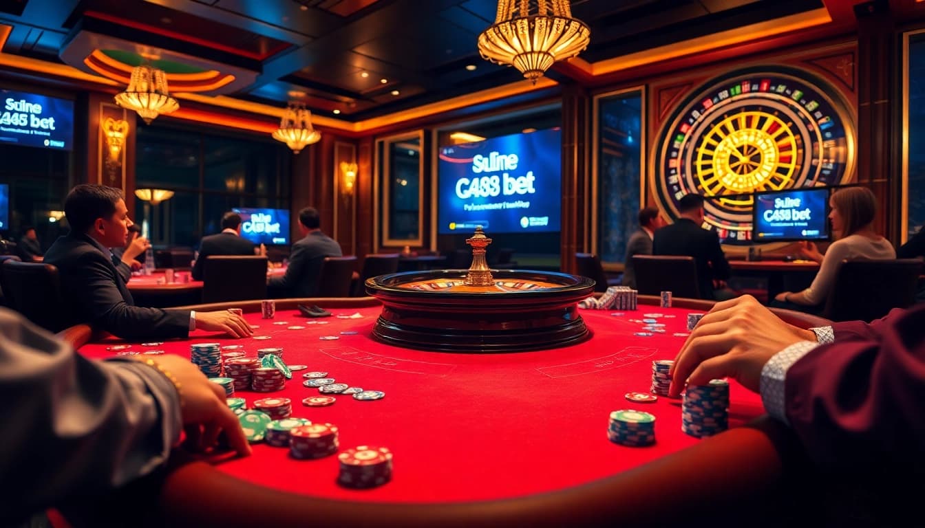 Players engaging at a luxurious poker table featuring ku88bet gambling elements, showcasing excitement and strategy.