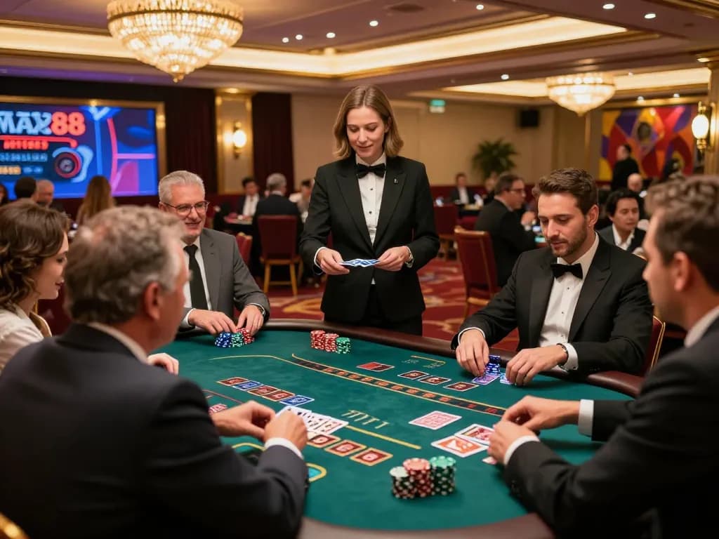 Players engaging in blackjack at a MAX88 casino table showcasing strategic gameplay.