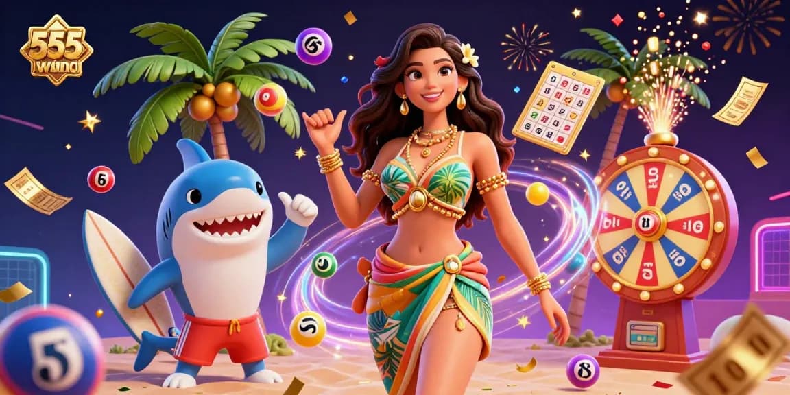 Engage in thrilling 555win gambling with vibrant games as golden confetti and lottery balls fill the scene.