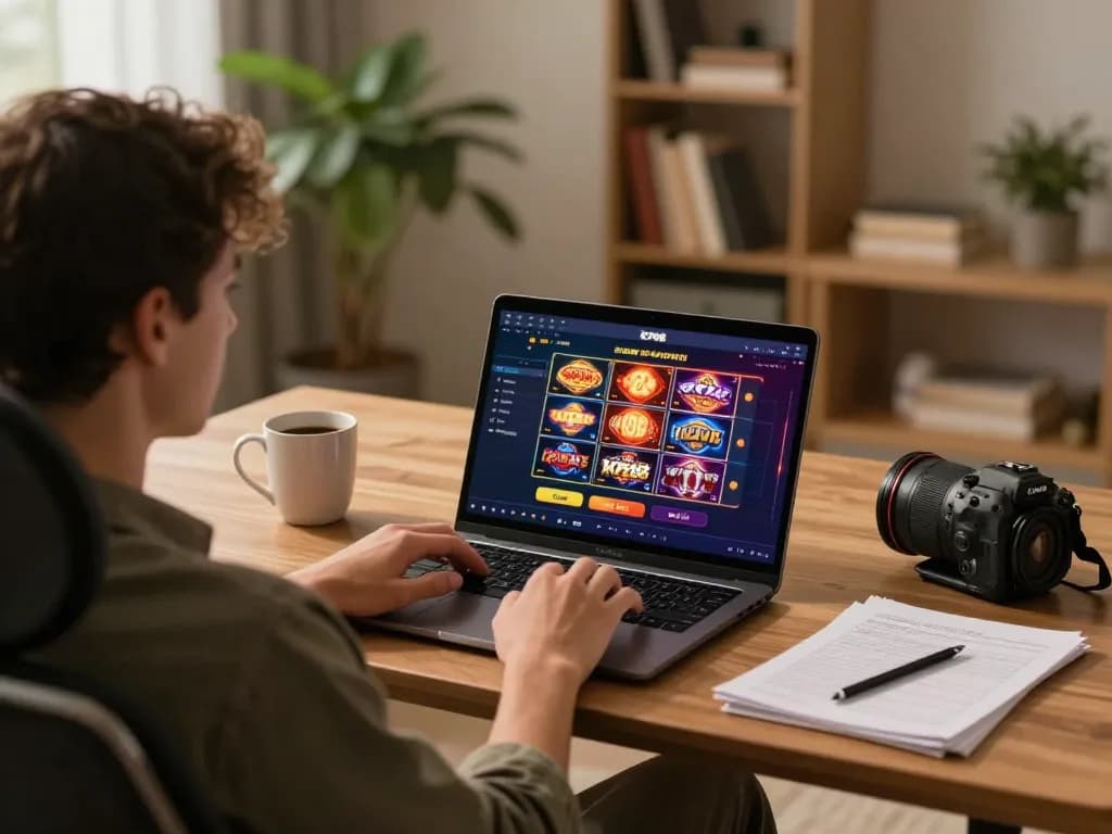 Player engaging with KP88 online casino platform, enjoying strategic gaming at home with coffee.