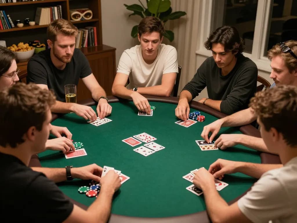 Players enjoying a friendly poker game night with Da88 chips and cards laid out on the table
