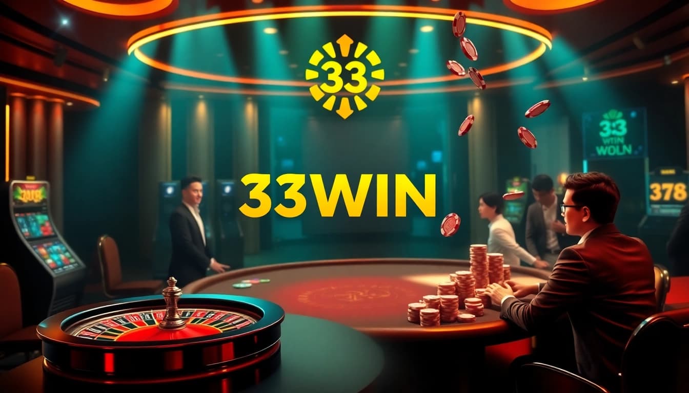Experience the excitement of online gambling with 33WIN's vibrant casino scene featuring players and games.