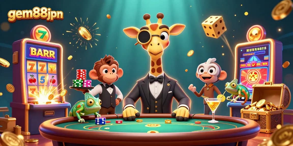 Experience thrilling gameplay with gem88jpn's vibrant scene of a high-roller giraffe and a lively casino.