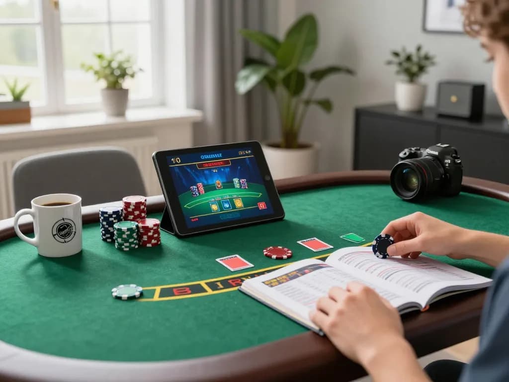 cm88 player enjoying a blackjack game on tablet with colorful chips and strategy book