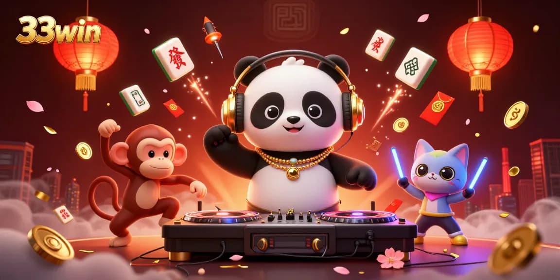 Engage with the lively world of 33win through a vibrant casino scene filled with a DJ panda, dancing monkey, and rave kitten.