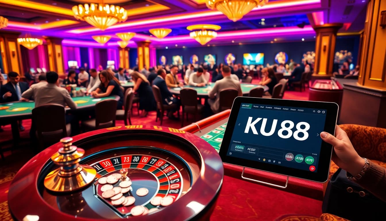 Inner excitement at KU88 casino with vibrant tables, cards, and online betting interface.
