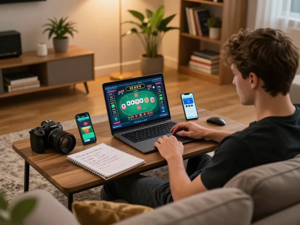 Player strategizing on fun79 while enjoying online poker at home, laptop screen visible.