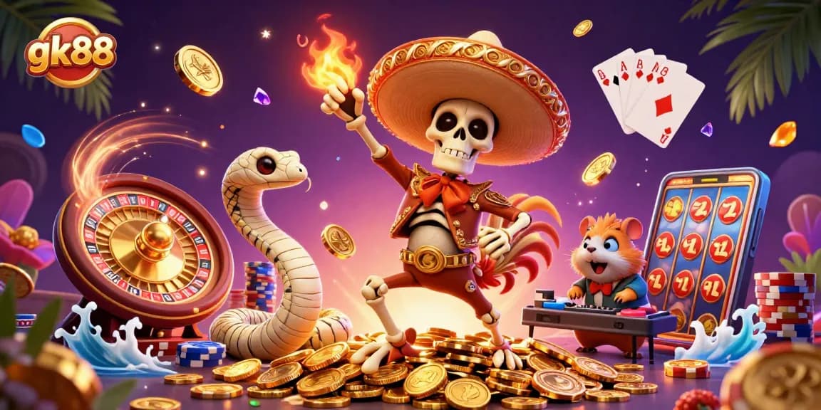 Experience winning with gk88 as a mariachi rooster dances on golden coins, surrounded by thrilling casino elements.
