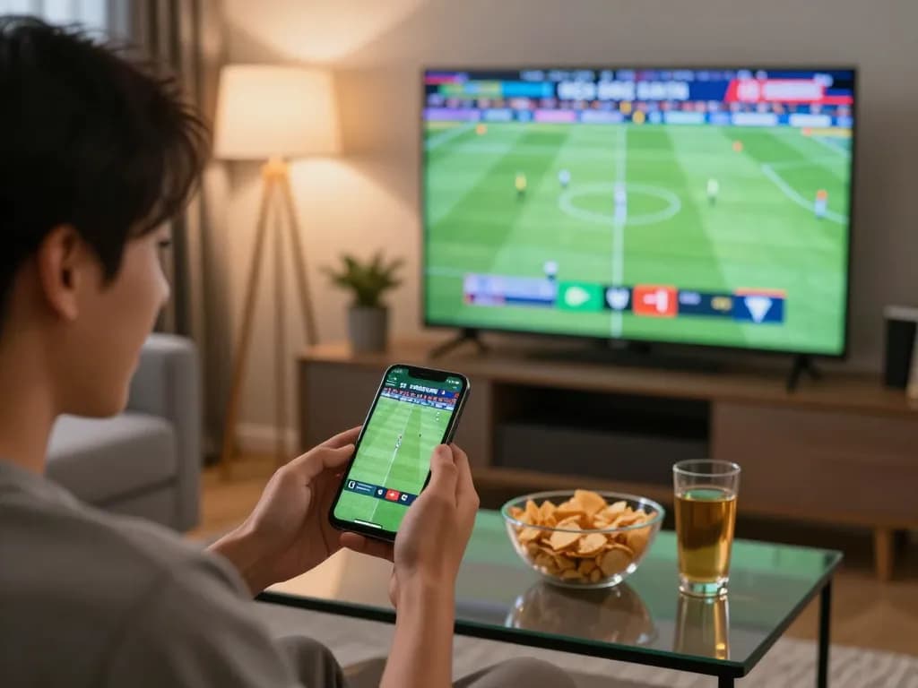 Excited bettor exploring kèo bóng đá hôm nay on smartphone during live match, vibrant atmosphere