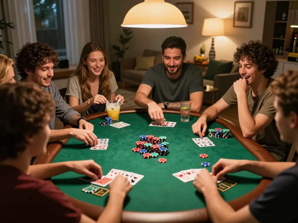 Friends enjoying an exciting poker game at home, showcasing vibrant camaraderie and strategy with 28BET's thrilling gaming atmosphere.