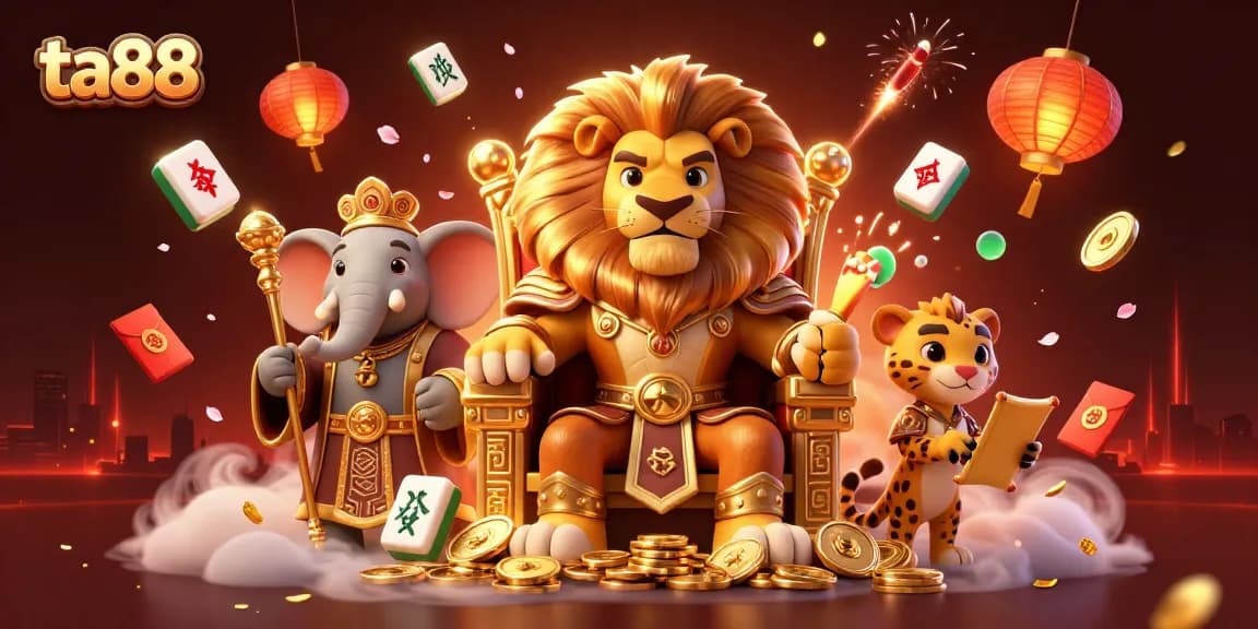 Experience high stakes excitement with ta88 at a vibrant online casino scene featuring a regal lion king.