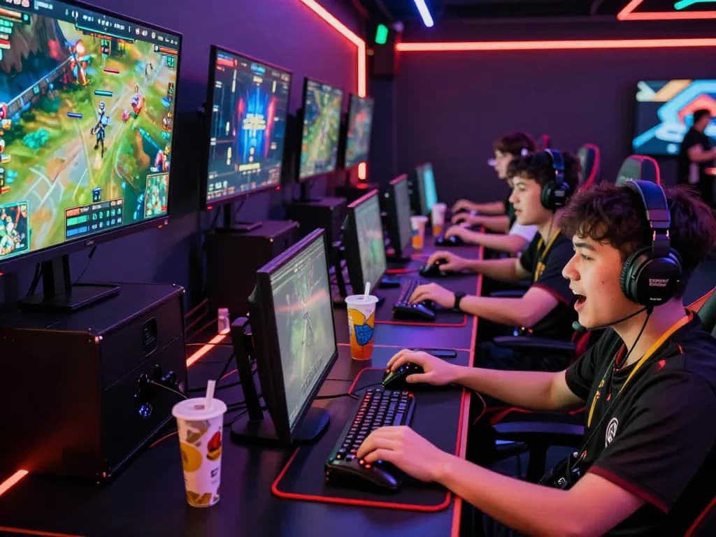 Engaged gamers at esports competition showcasing FB88 betting excitement with dynamic action and vibrant atmosphere.
