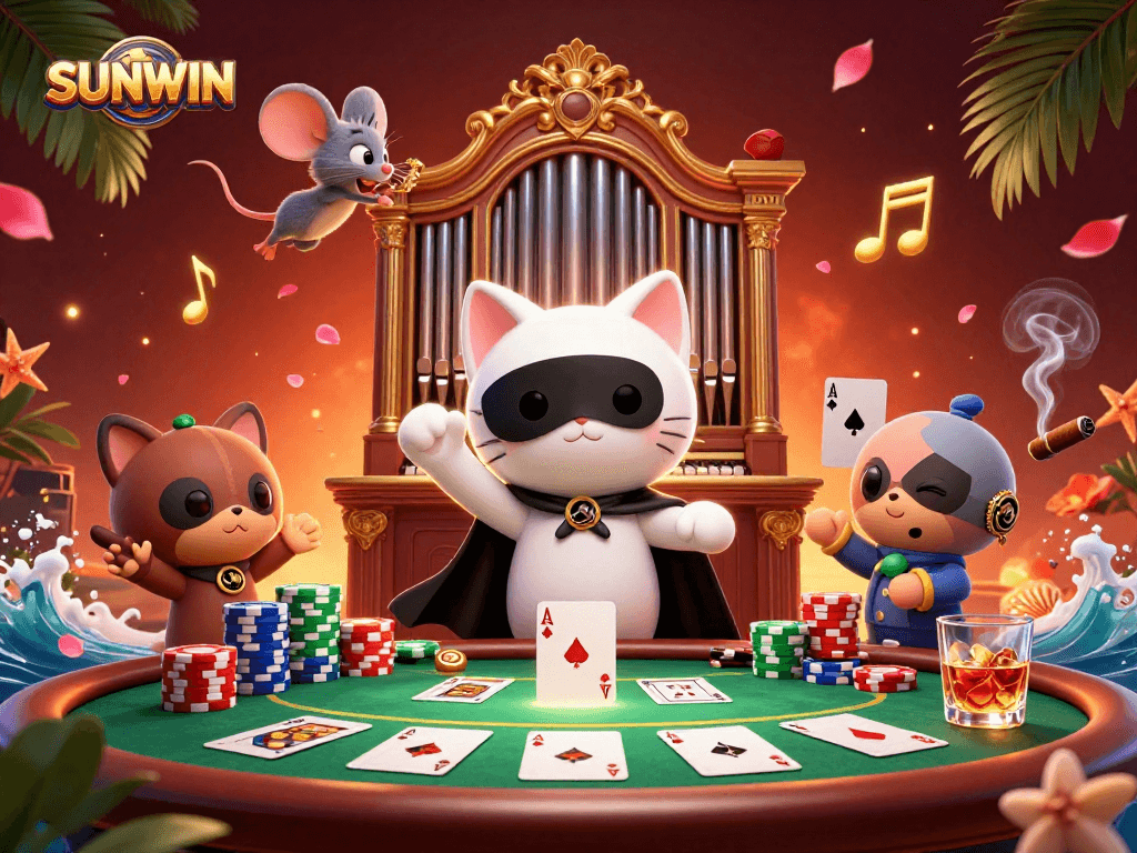SUNWIN offers a vibrant gaming atmosphere with acrobatic elements and poker actions at a casino.