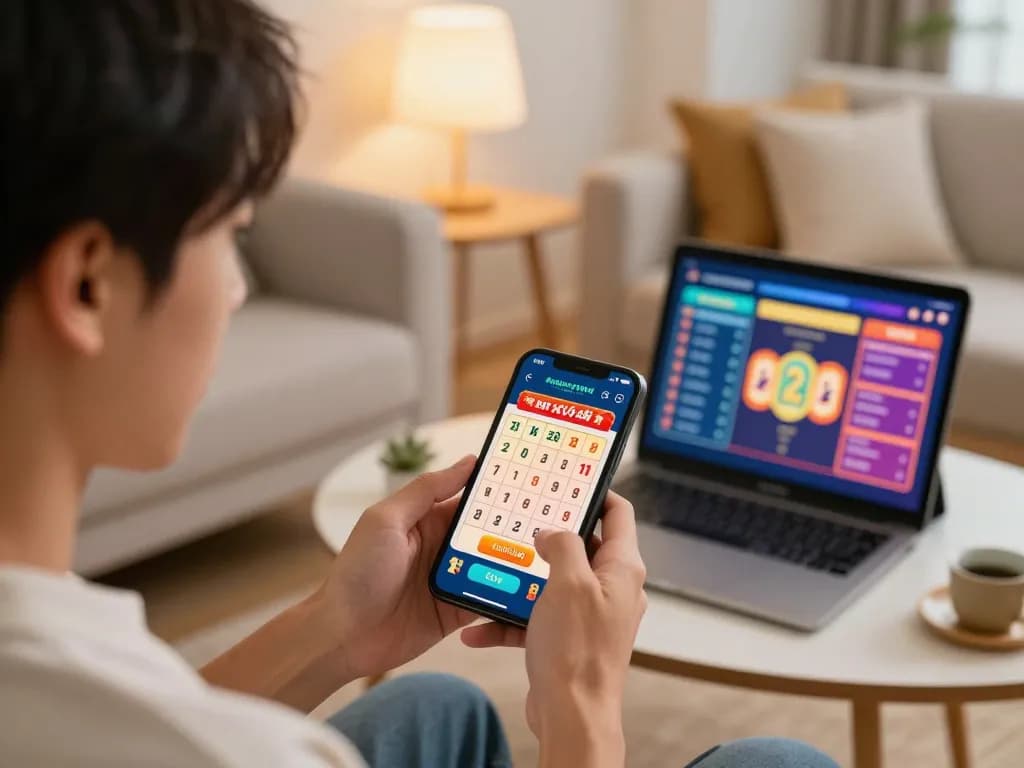 Engaged player participating in 11 bet xổ số lottery betting using smartphone in cozy home setting