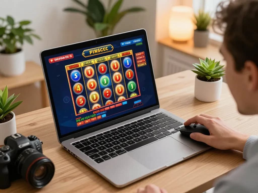 Xocdia88 user spins online slot machine reels eagerly in a cozy home office.