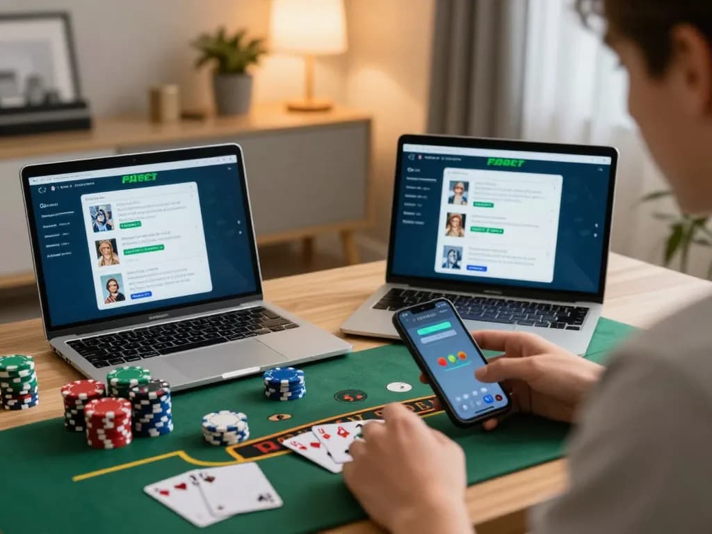 Player engaging with FABET app on smartphone and laptop during live dealer blackjack session, surrounded by poker chips