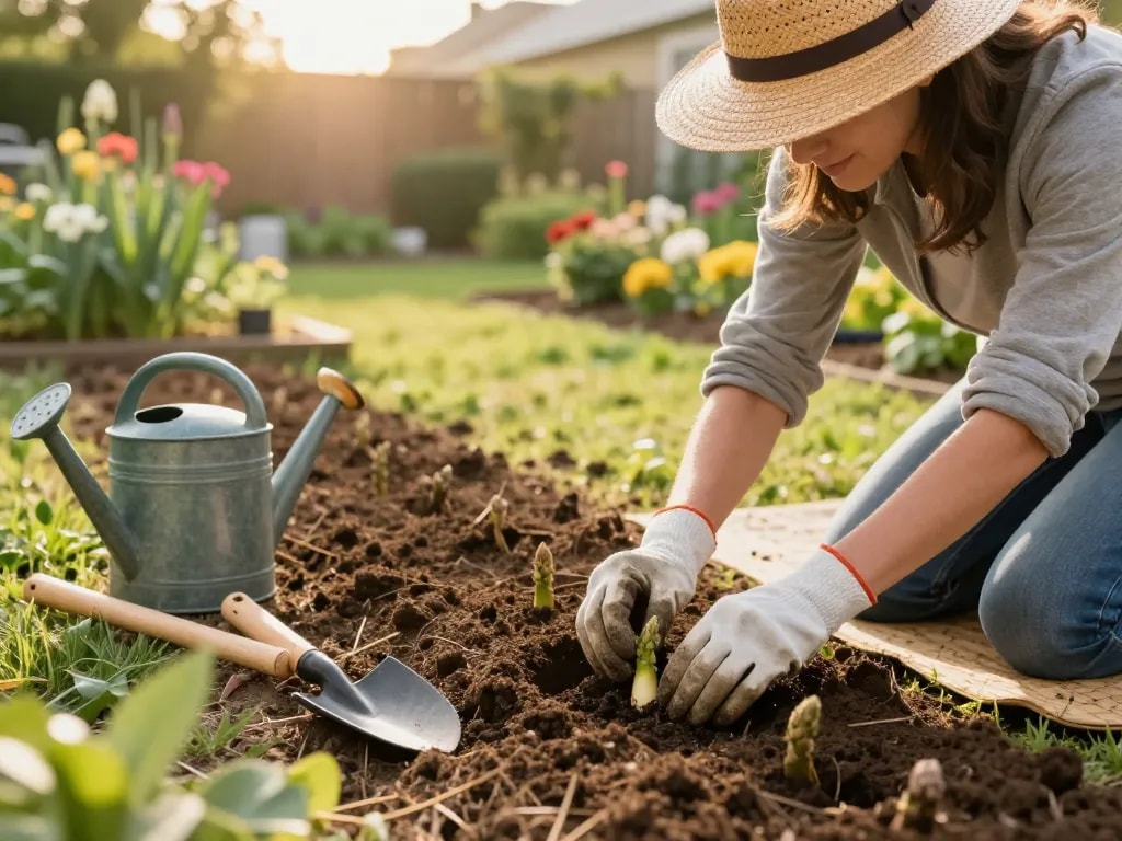 Gardener planting asparagus seedlings in vibrant home garden, showcasing sustainable gardening practices with fresh soil and tools.