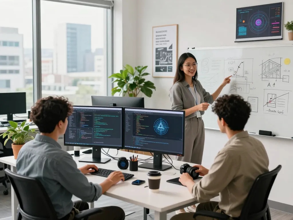 Collaboration in a tech workspace with AI developers showcasing juicy ai innovations.
