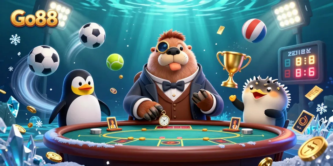 Engage in strategic gameplay with Go88's underwater casino scene featuring lively characters.